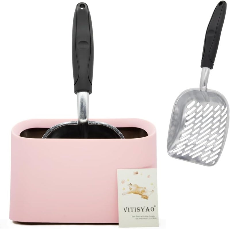 Vitisyao Full Metal Cat Litter Scoop with Holder – Heavy Duty Litter Scooper & Speed Sifter – Aluminum Cat Poop Scooper Captures All Clumps – Washable Stand for Easy Cleaning - Image 1